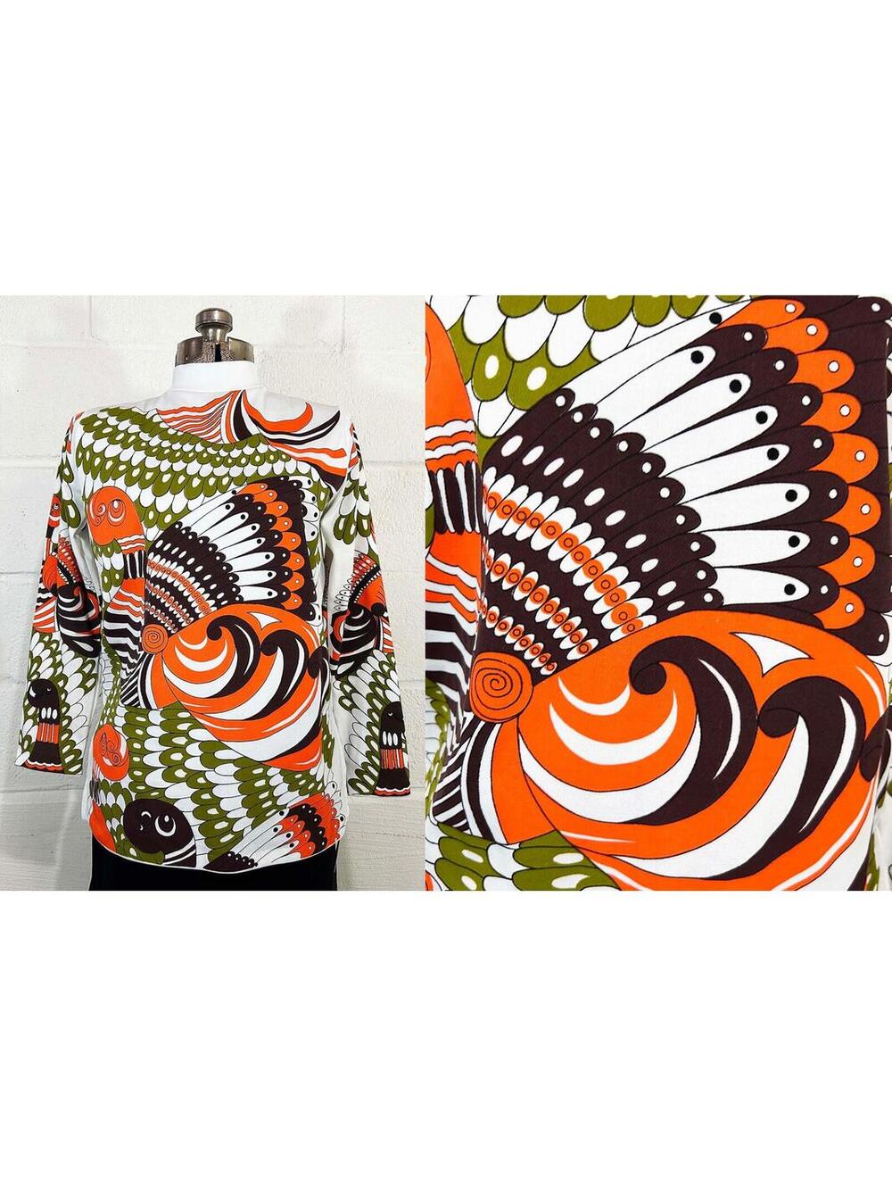 Vintage Psychedelic Mock Neck Top 1960s 1970s Mod Orange Brown Blouse Large